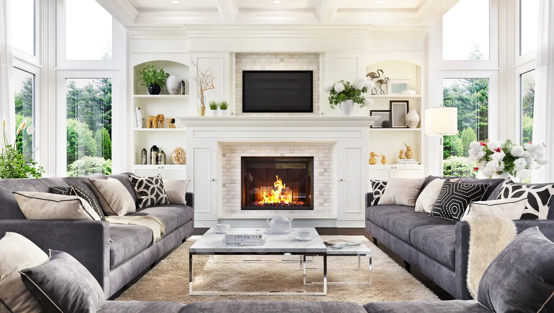 Luxurious interior design living room and fireplace With Custom Entertainment center